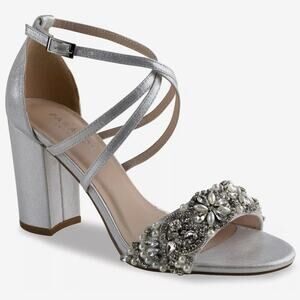 New PARADOX LONDON Hira Sandal Silver Shimmer Embellished Heels Women’s SIZE 7